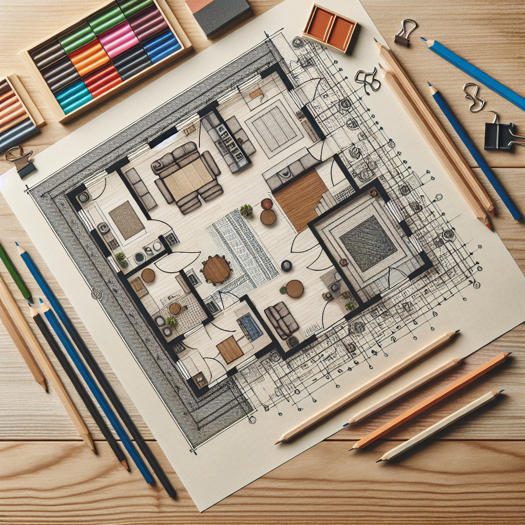 A detailed layout plan on paper showing different flooring types being installed in various sections of a home, including hardwood, tile, and carpet.