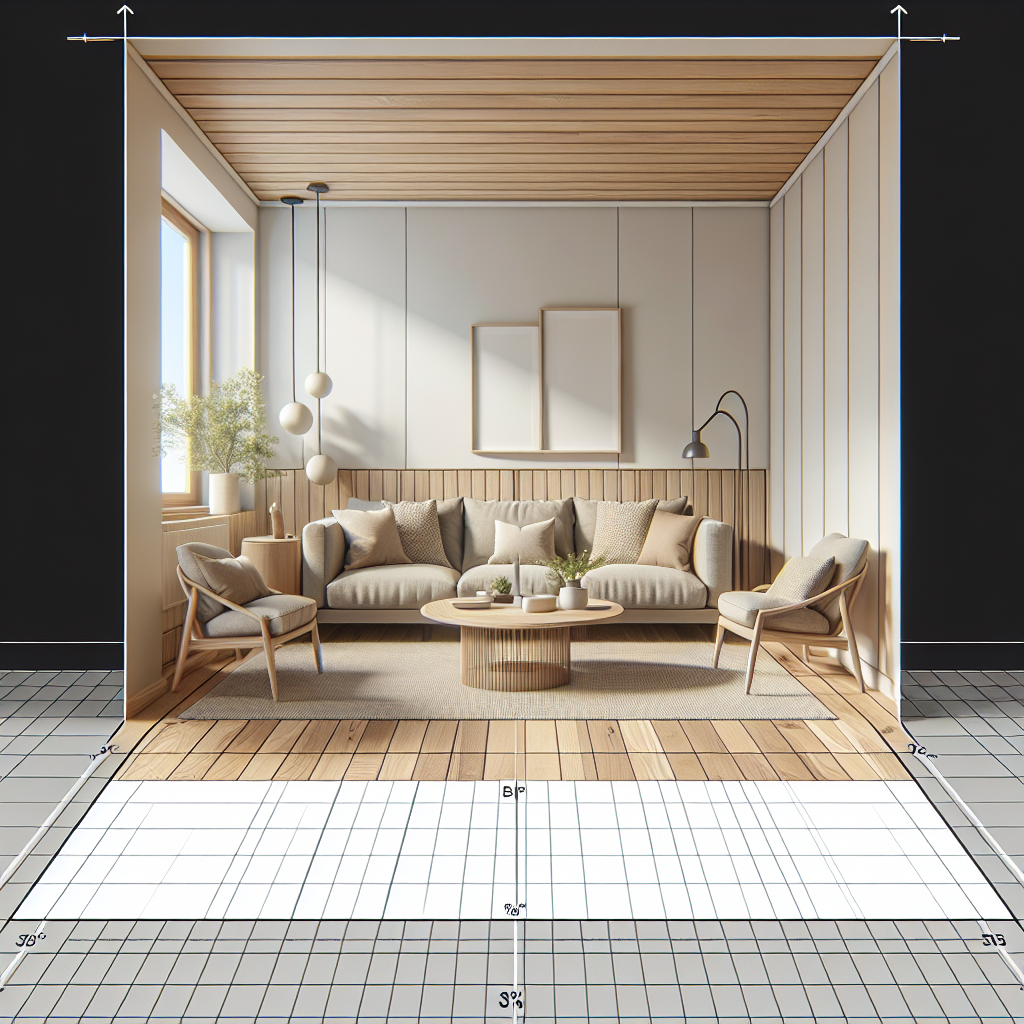 A cozy living room scene showing various types of flooring materials stacked neatly with spacers in between, emphasizing proper acclimation techniques.