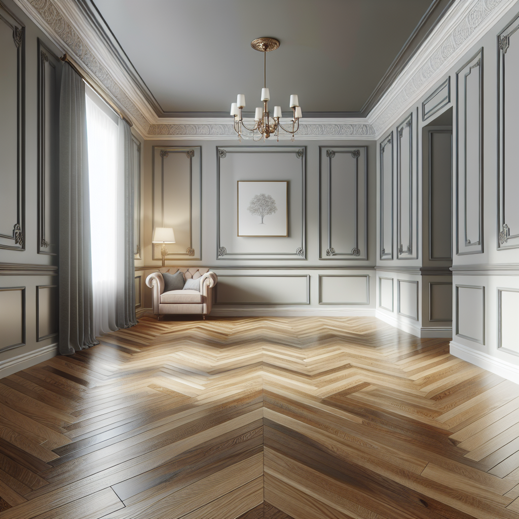 A beautifully finished room showcasing newly installed hardwood floors with elegant baseboards and trim work, highlighting cleanliness and attention to detail.
