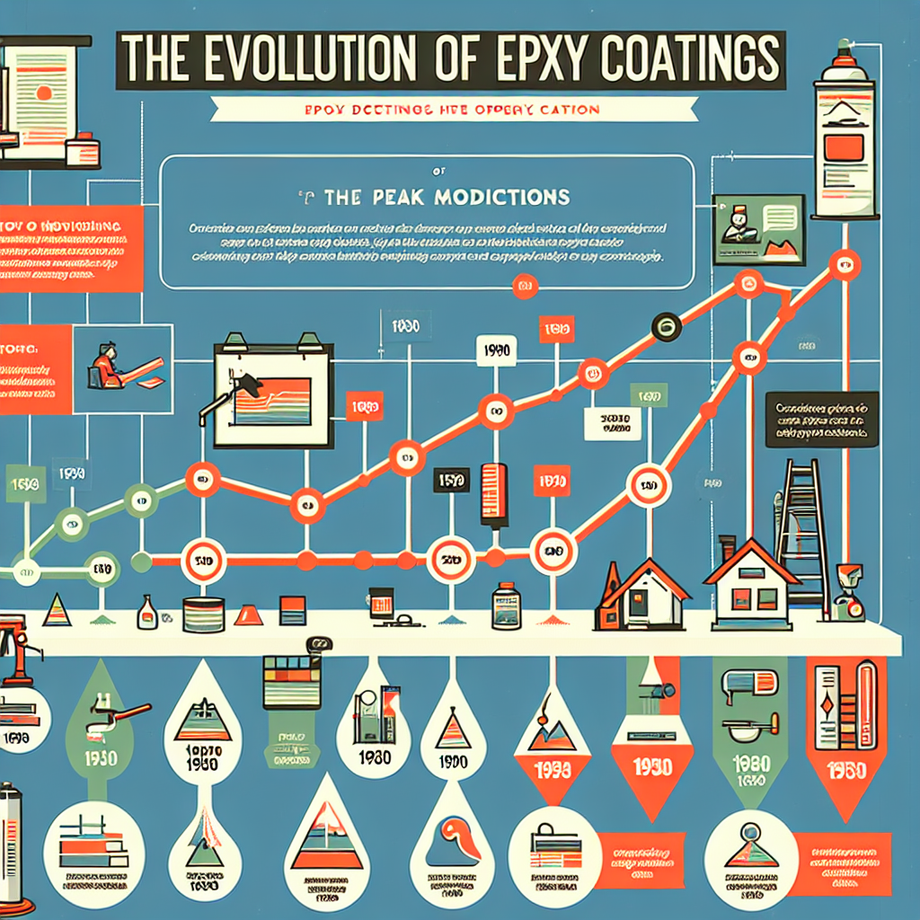 A timeline graphic showing the evolution of epoxy coatings from the 1930s to present, highlighting key developments and applications in residential and commercial spaces