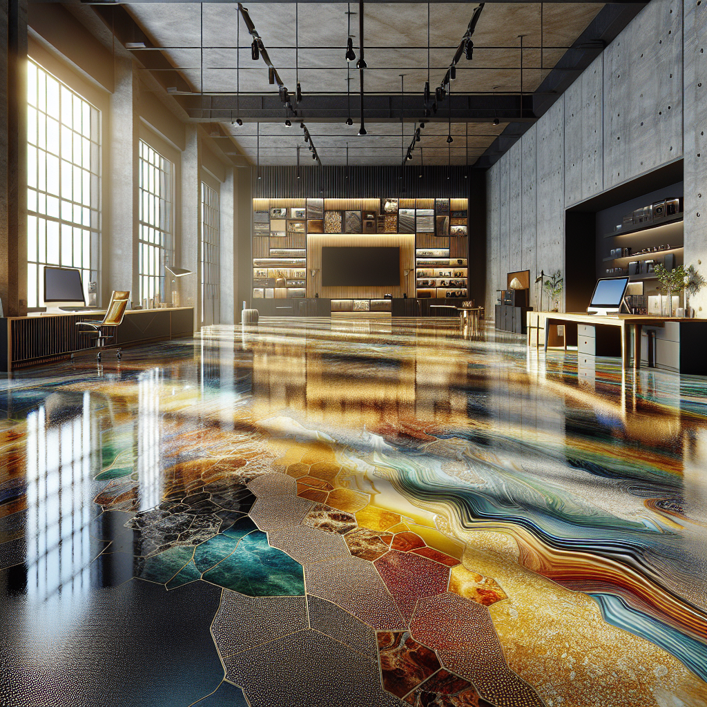 A visually striking floor showcasing decorative metallic epoxy coatings in various colors, demonstrating aesthetic appeal and customization options.