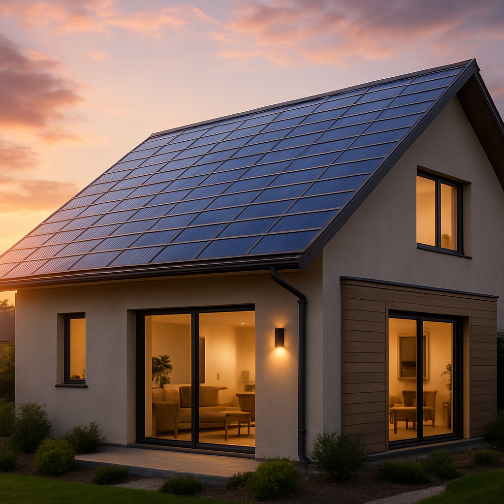 A modern home with solar roof tiles integrated seamlessly into the architecture during sunset