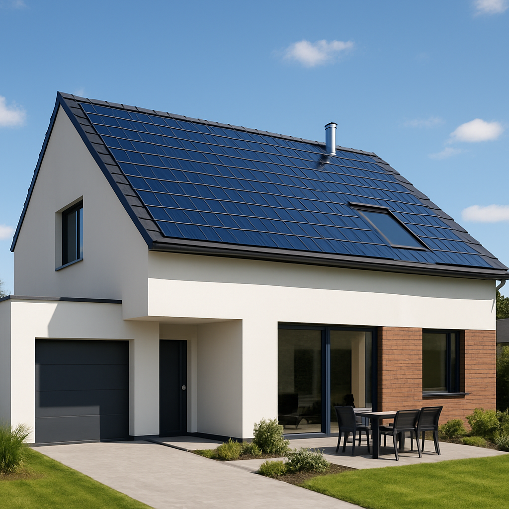 A modern house with solar roof tiles integrated seamlessly into the architecture
