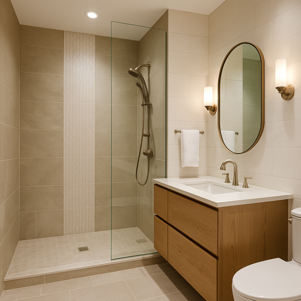 A beautifully renovated modern bathroom showcasing elegant tiles and fixtures