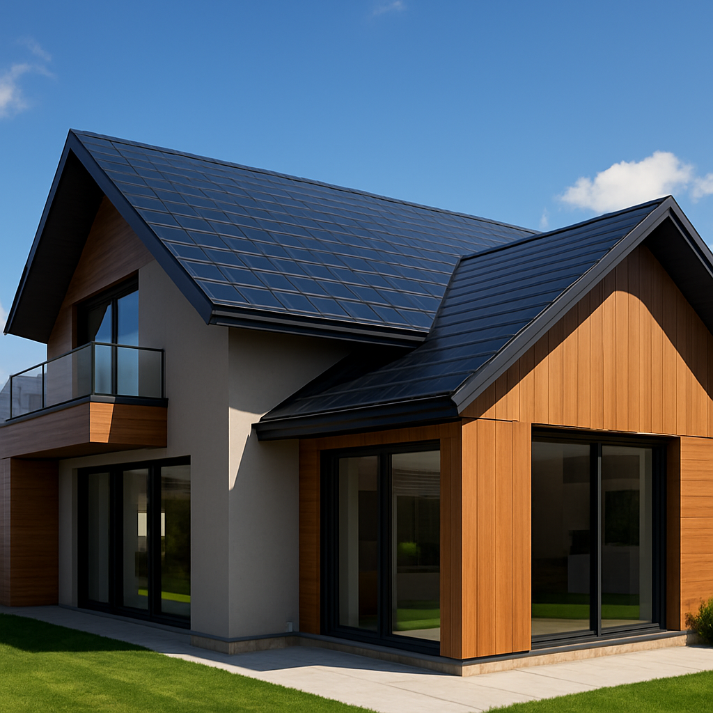 A modern house with solar roof tiles integrated seamlessly into the architecture, showcasing elegance and functionality under a bright blue sky.