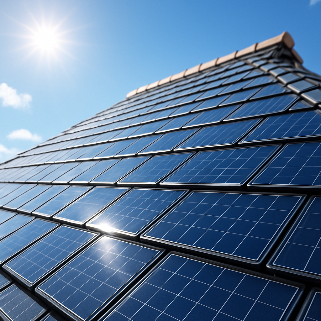A close-up view of solar roof tiles on a house under bright sunlight with a blue sky in the background
