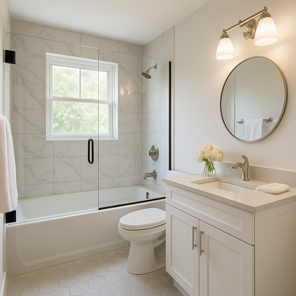 A beautifully renovated bathroom with modern fixtures and elegant tiles