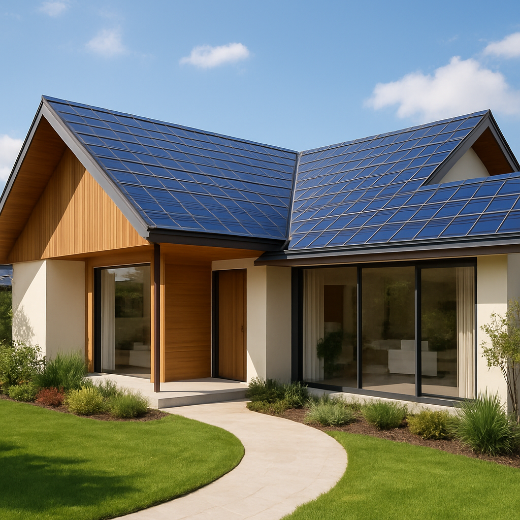 A futuristic home with solar roof tiles integrated seamlessly into the architecture