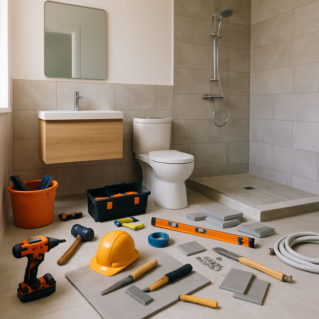 A modern bathroom renovation in progress with tools and materials laid out