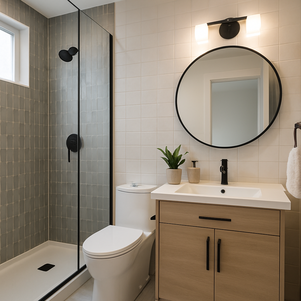 A beautifully renovated bathroom with modern fixtures and stylish tiles