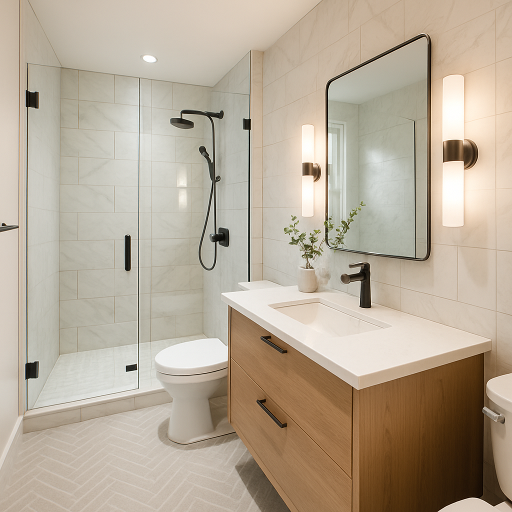 A beautifully renovated modern bathroom with stylish fixtures and elegant tiles