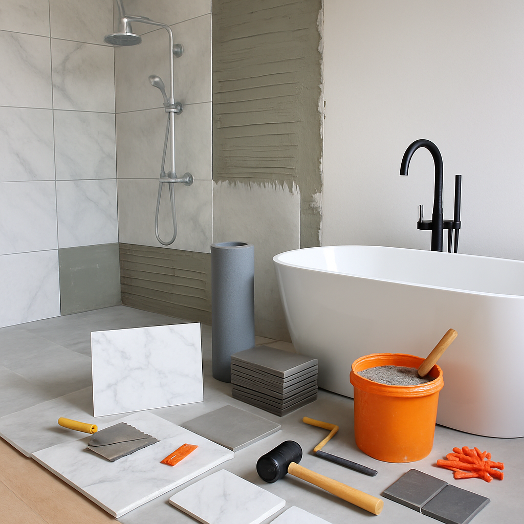 A modern bathroom renovation process with various materials and tools displayed