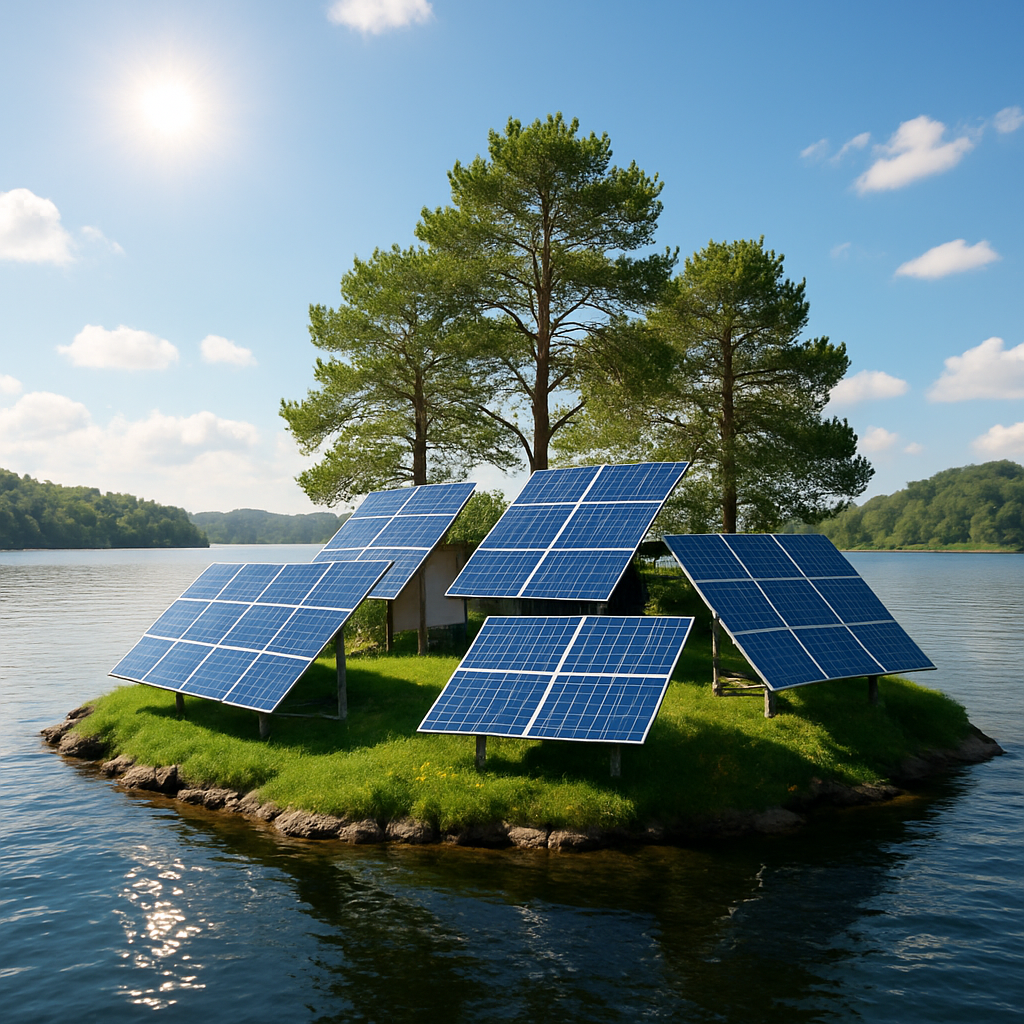 A picturesque solar island system with solar panels in a serene landscape, showcasing a self-sufficient energy setup