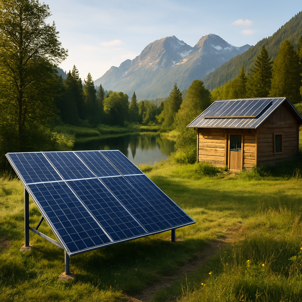 A picturesque off-grid solar system installation in a remote location surrounded by nature