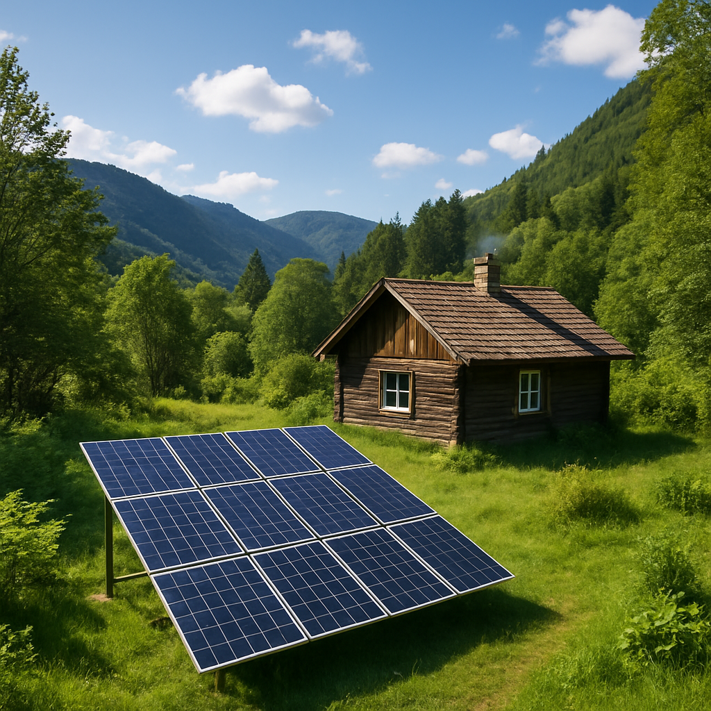 A scenic view of a remote cabin powered by a photovoltaic island system with solar panels and lush greenery around