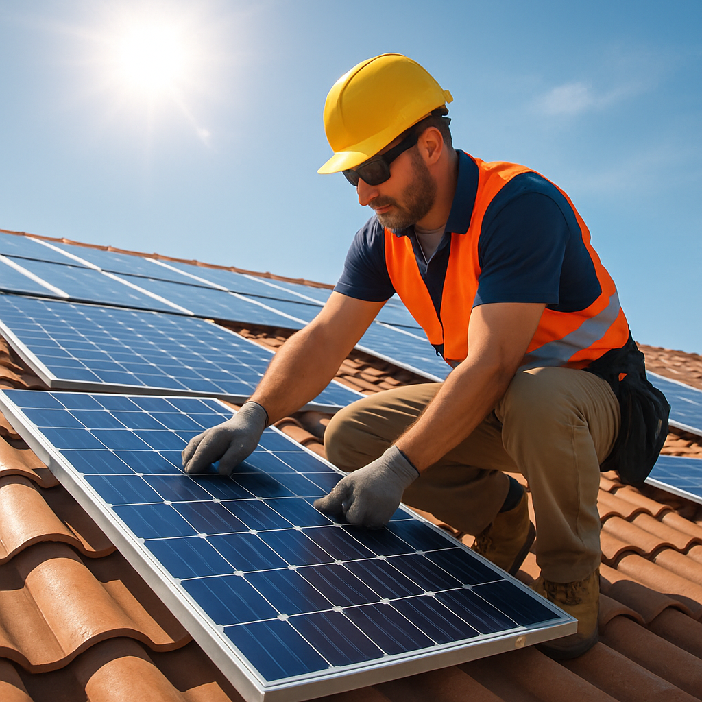 A professional installing solar panels on a rooftop in a sunny environment