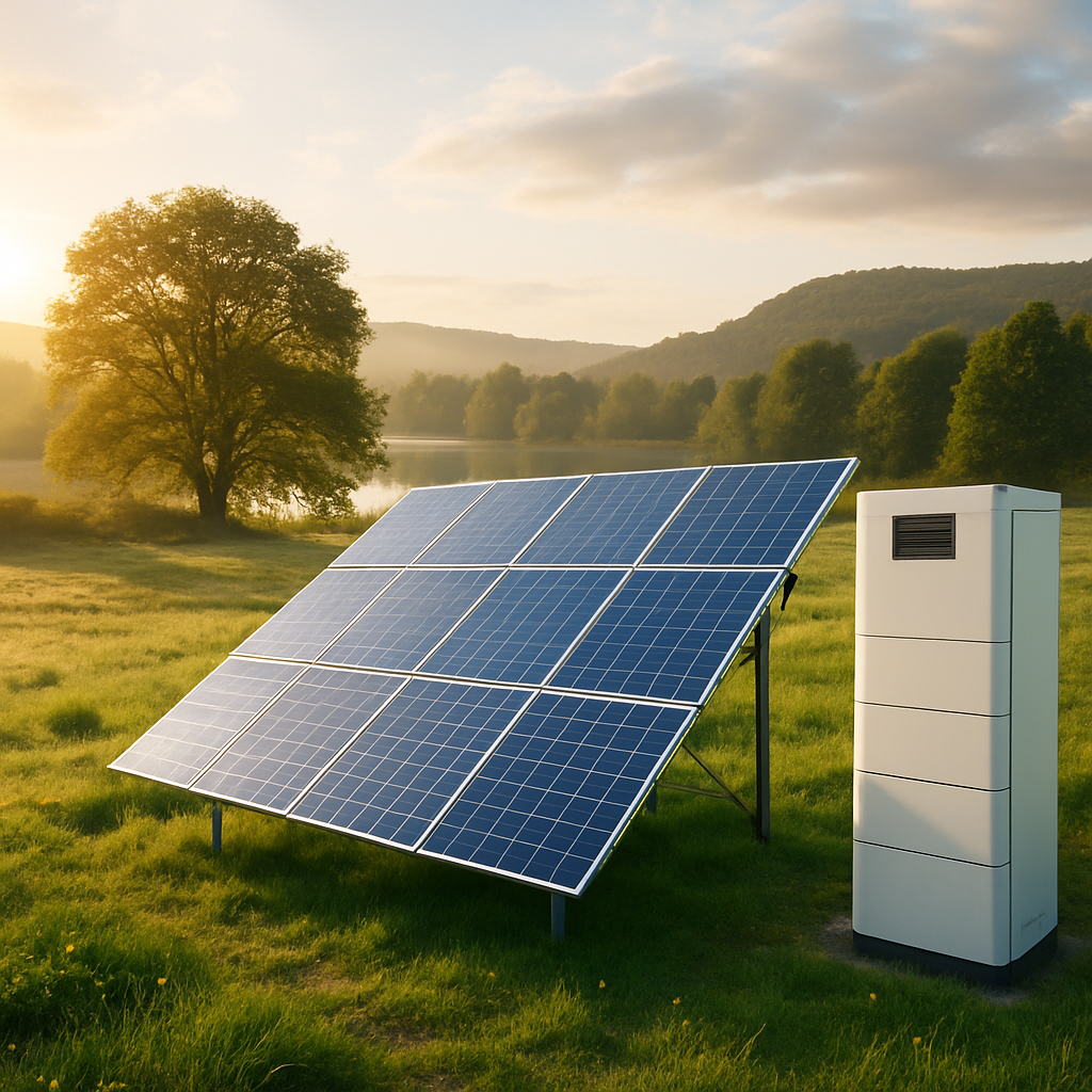 A picturesque landscape featuring a modern off-grid solar system with photovoltaic panels and a battery storage solution in a serene environment