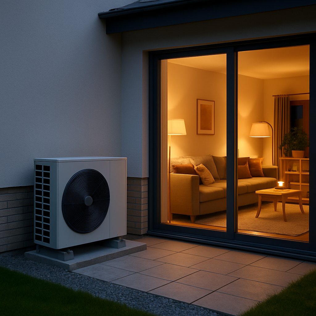 A modern home with a heat pump system installed outdoors and a cozy interior showing warmth and comfort