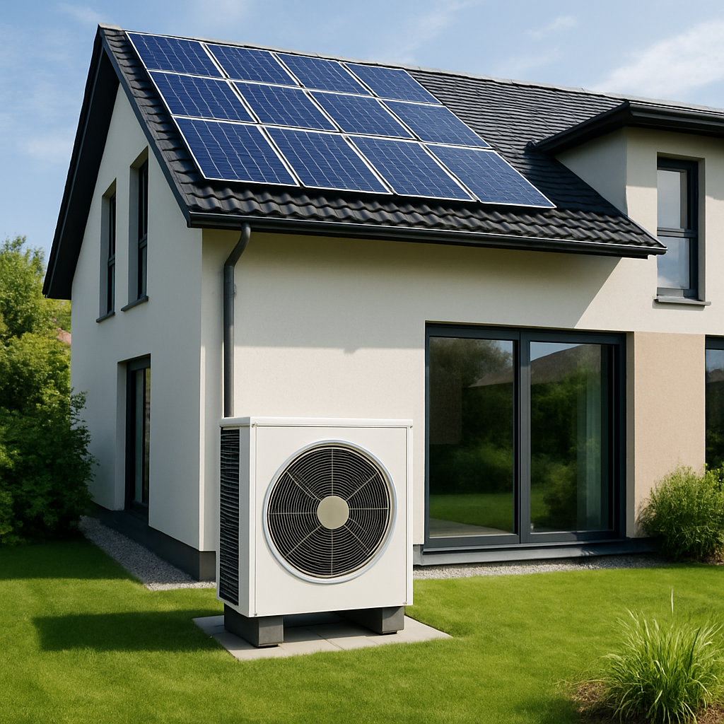 A modern home with a heat pump installation visible in the garden and solar panels on the roof