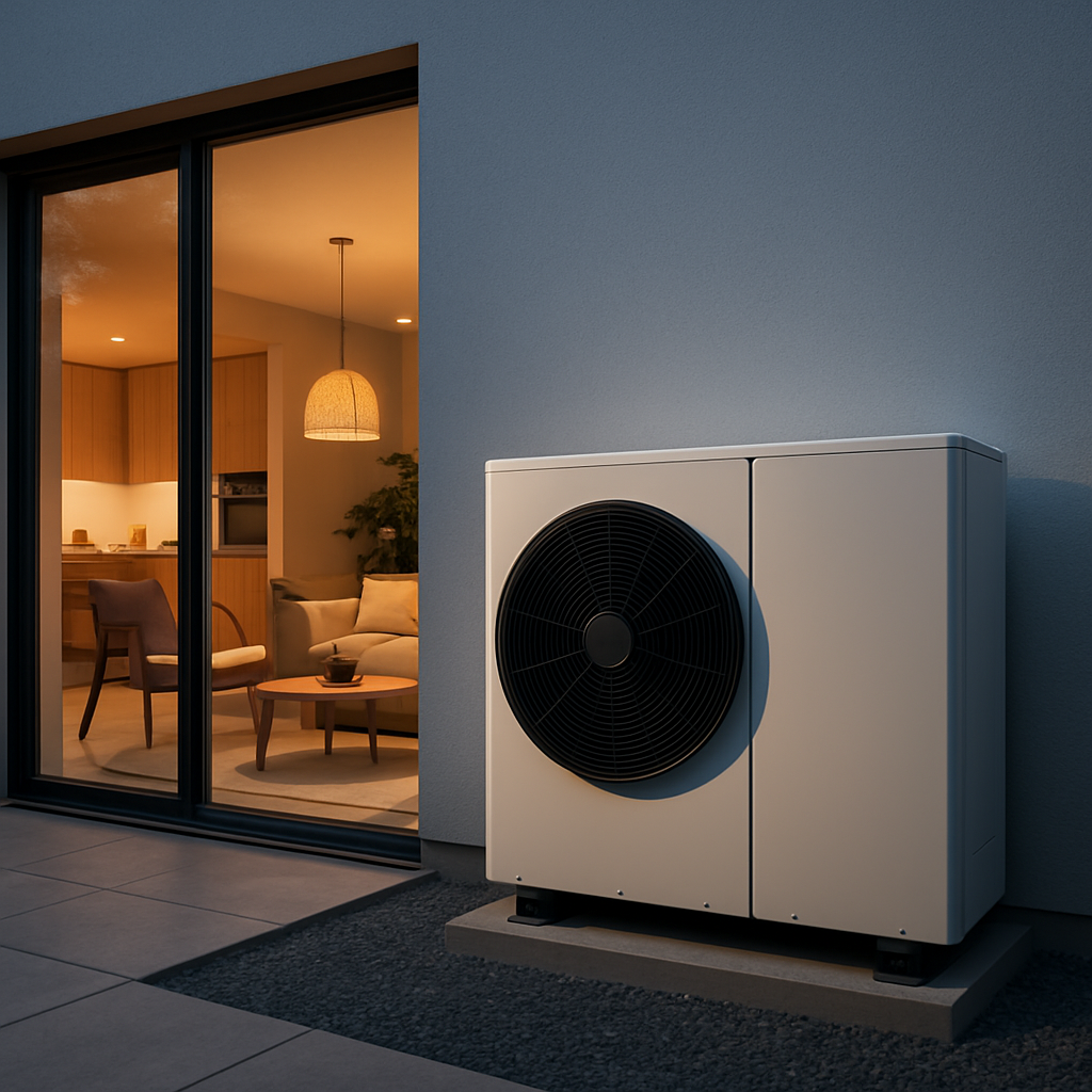A modern home with a sleek heat pump installation outside and a cozy interior showcasing energy efficiency