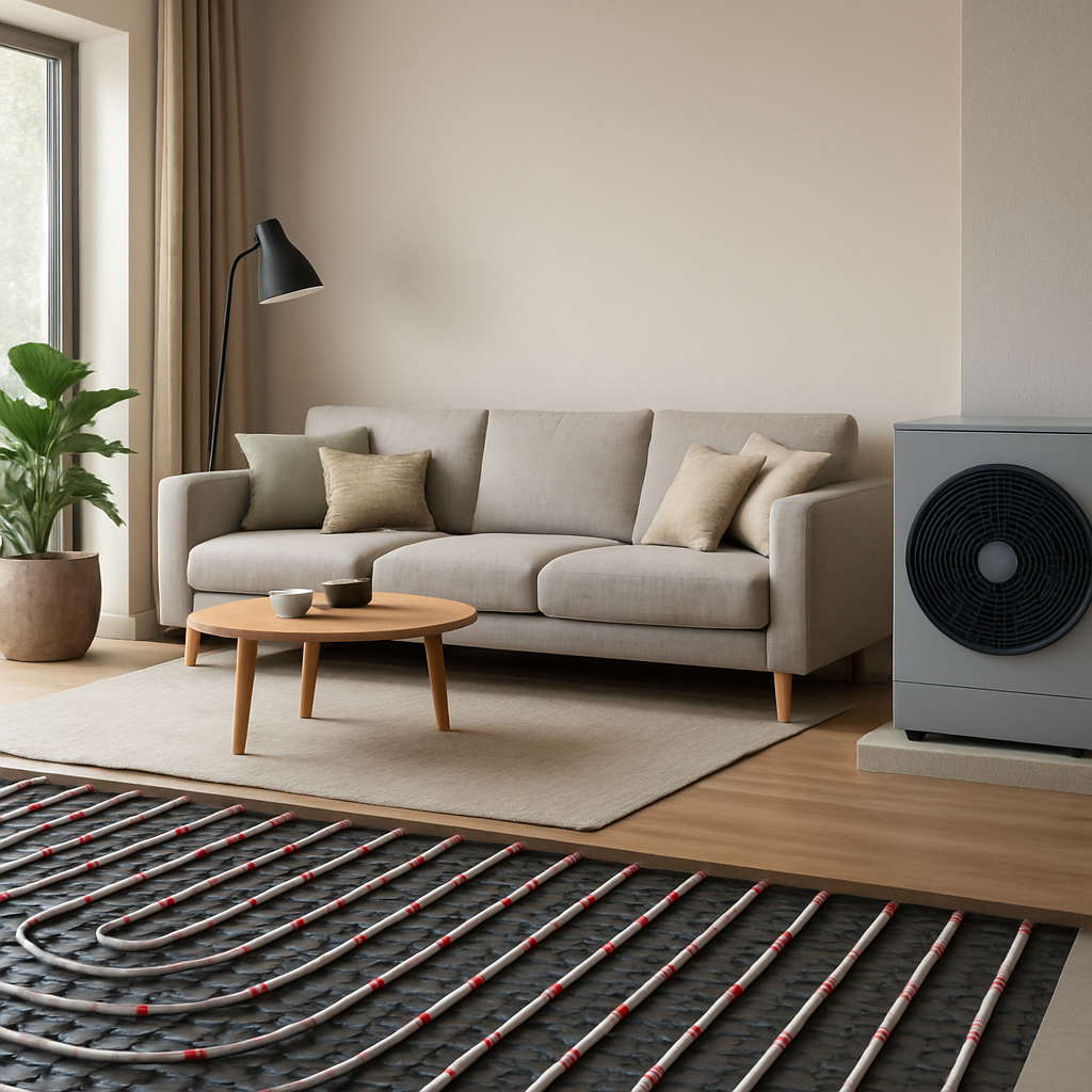 A modern living room with underfloor heating and a heat pump system visible