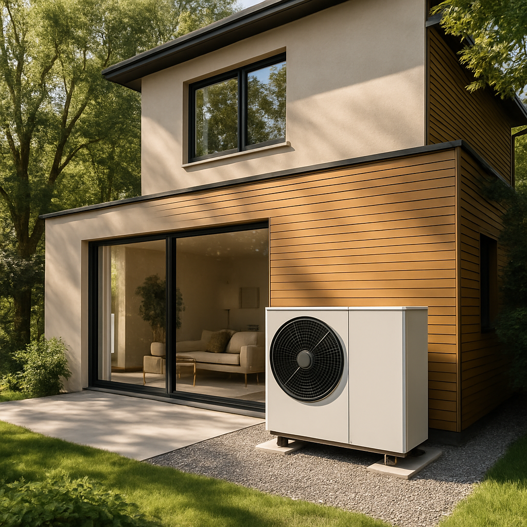 A modern home with a heat pump system installed outside, showcasing its eco-friendly features and surrounded by trees