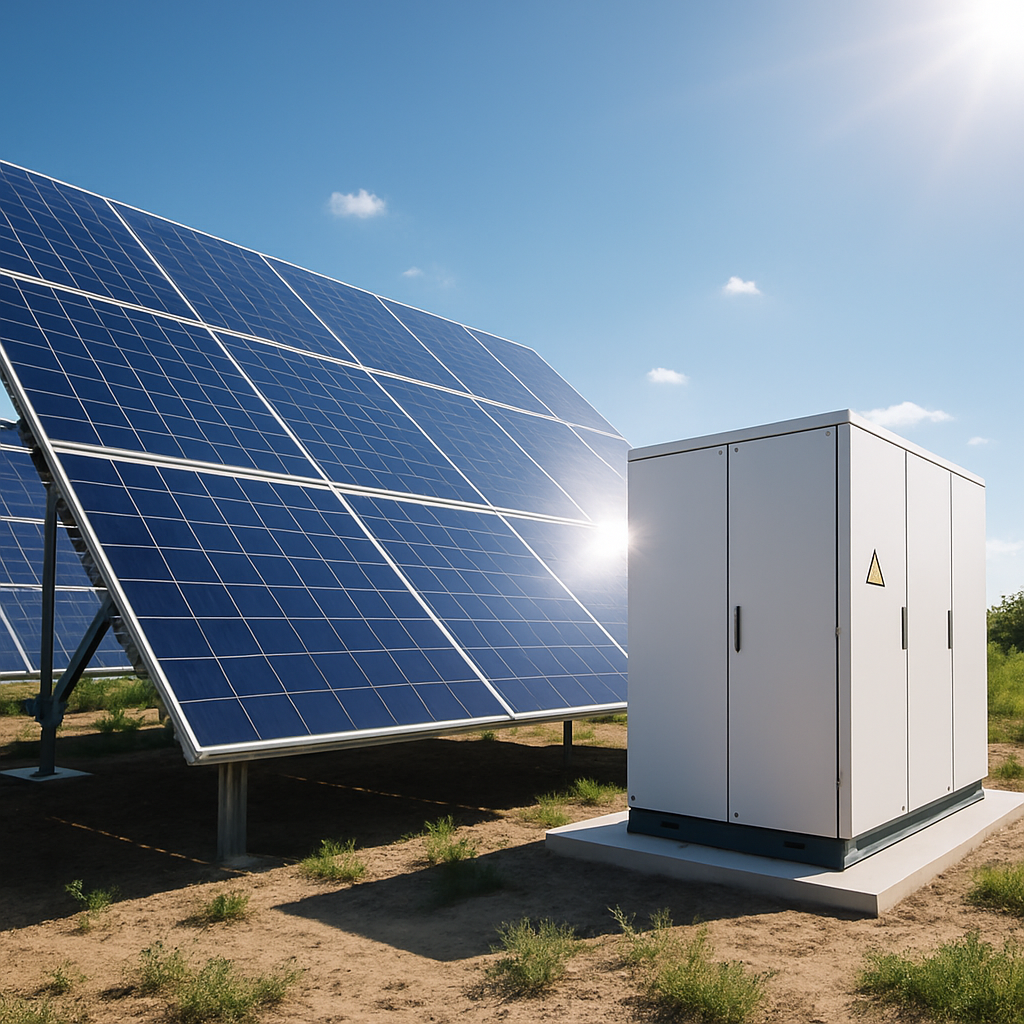A modern solar panel installation with battery storage in a sunny environment, showcasing the technology and efficiency of solar energy