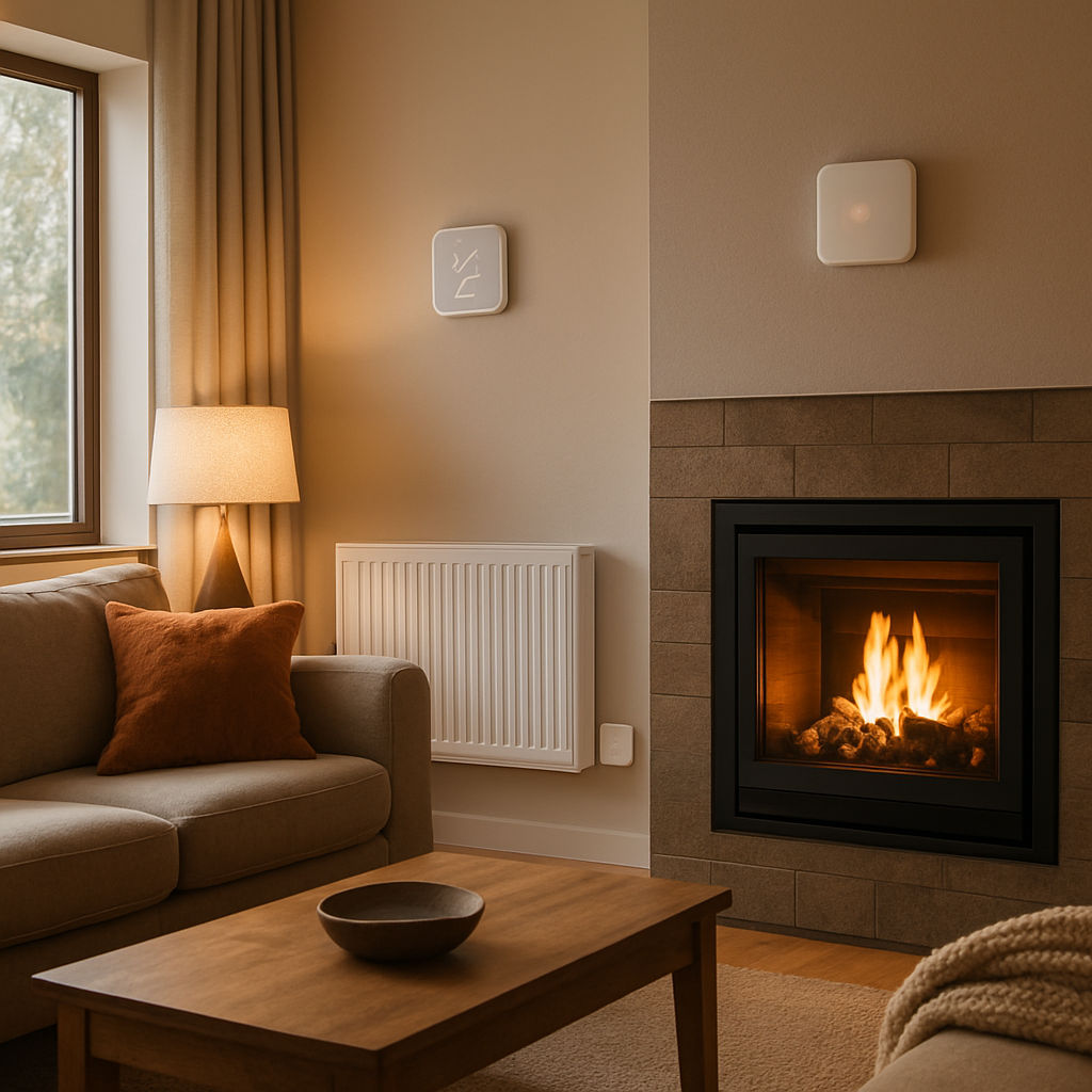 A cozy living room with modern heating solutions, showcasing energy-saving technologies like smart thermostats and a stylish fireplace.