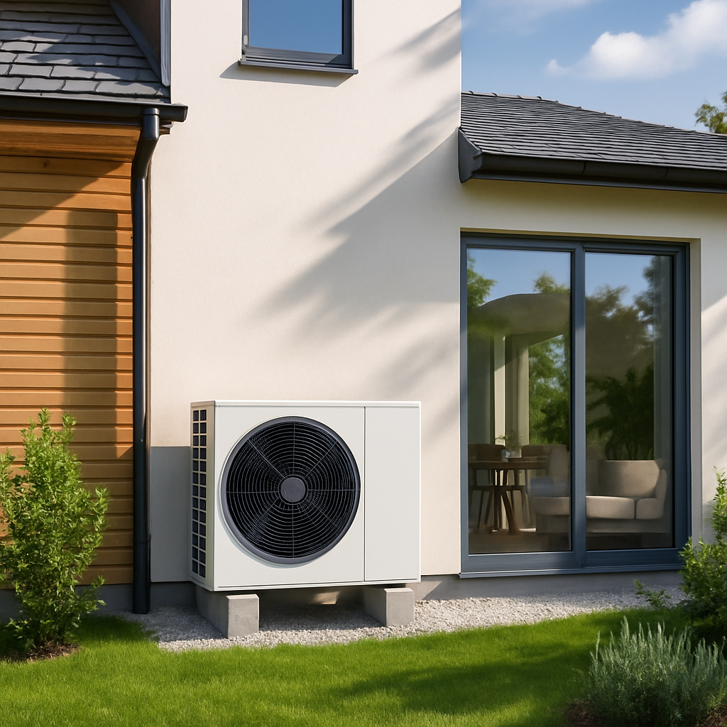 A modern home with a visible heat pump system installed outside, showcasing energy efficiency and eco-friendliness.