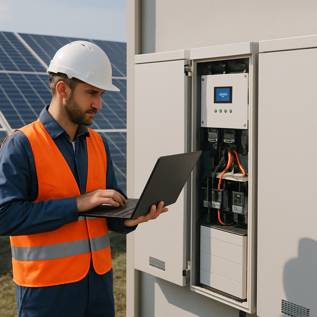 A technician inspecting a solar storage system with solar panels in the background