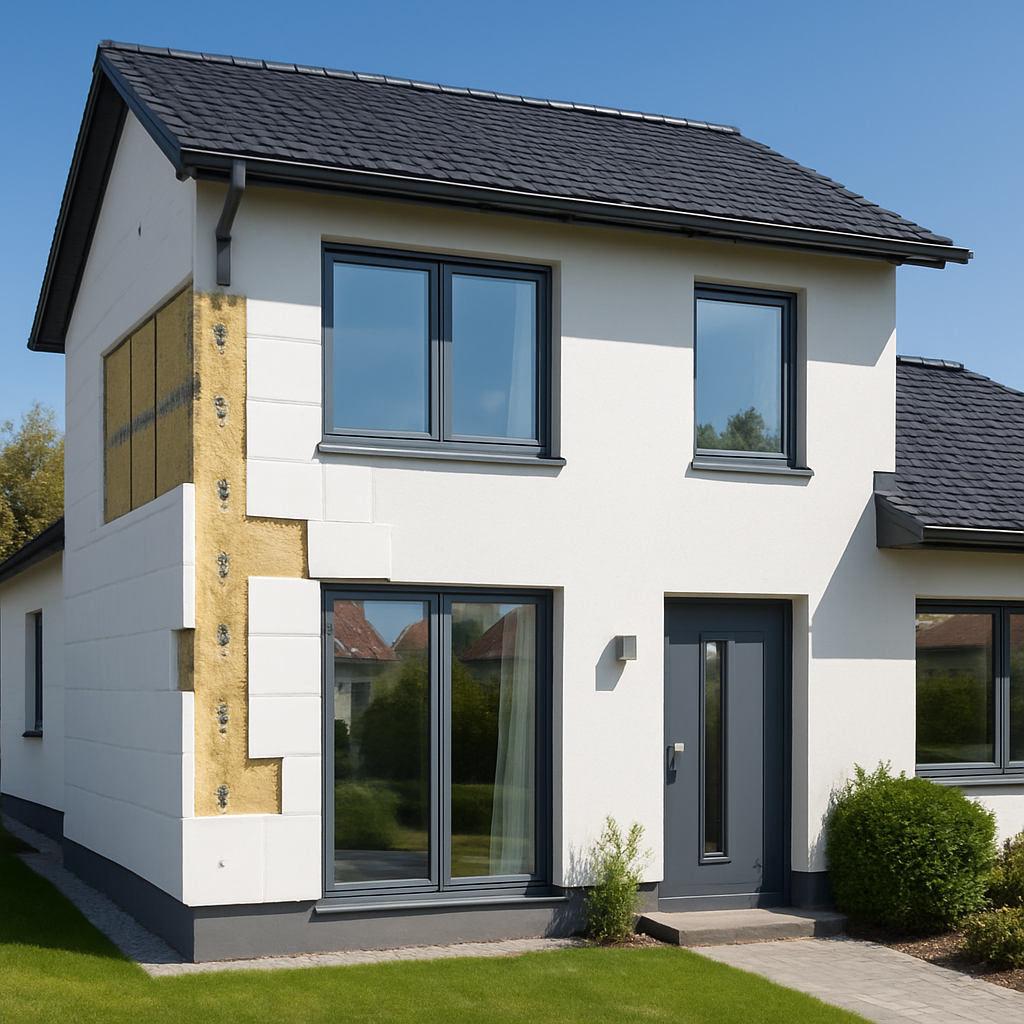 A modern home with visible insulation improvements such as double-glazed windows and insulated walls