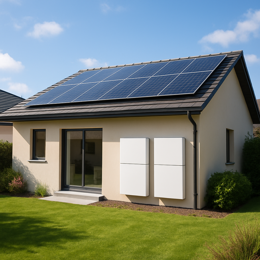 A modern solar panel installation with storage batteries in a residential setting