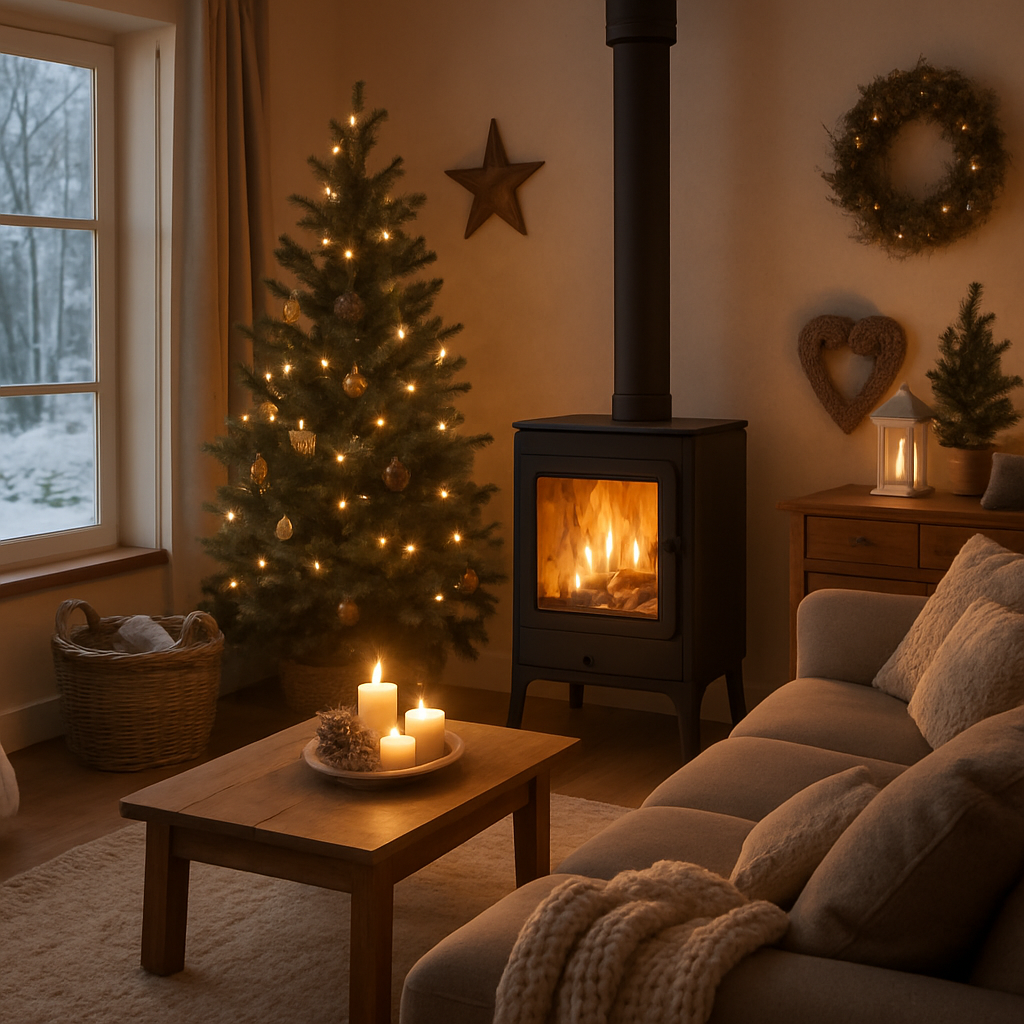 A cozy living room with a modern wood-burning stove emitting warm light, surrounded by winter decor