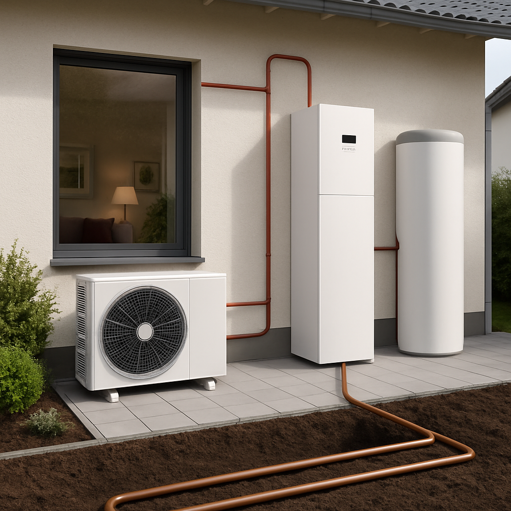 A visual representation of a modern heat pump system installation in a home setting with clear labels for components like air source and ground source heat pumps.