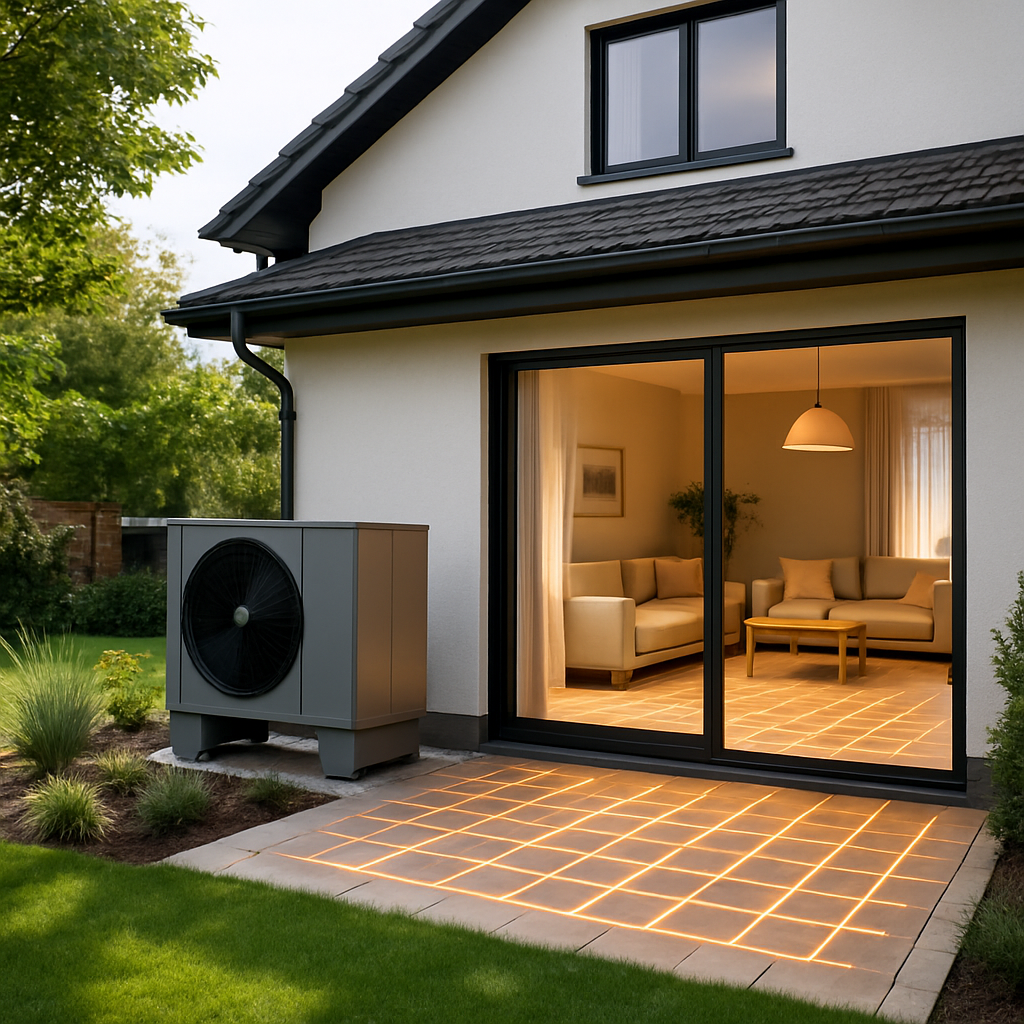 A modern home with a heat pump installation visible in the garden and a cozy interior showcasing underfloor heating
