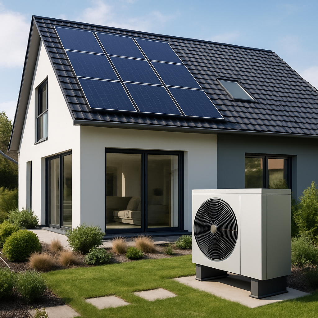 A modern home with solar panels on the roof and a heat pump visible in the garden, showcasing sustainable heating technologies