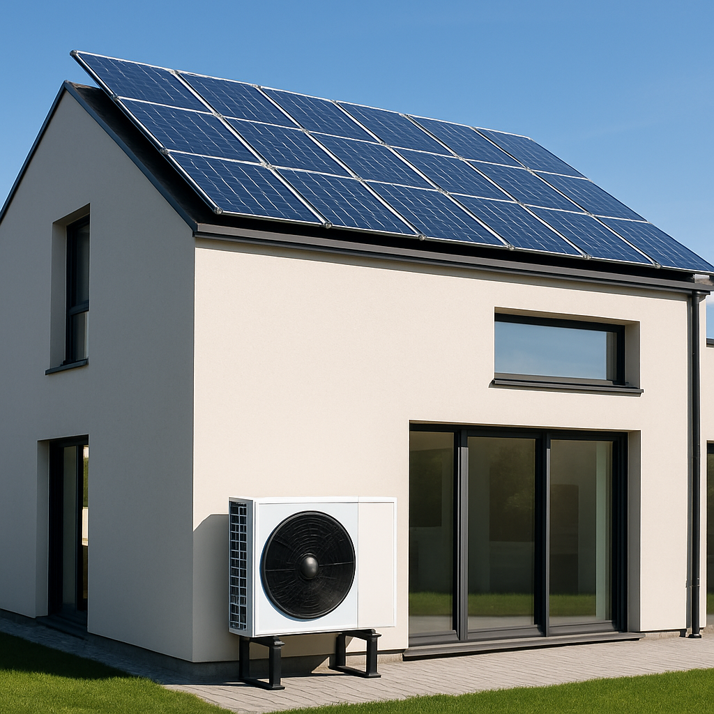 A modern home with a sleek heat pump system installed outside and solar panels on the roof under a clear blue sky