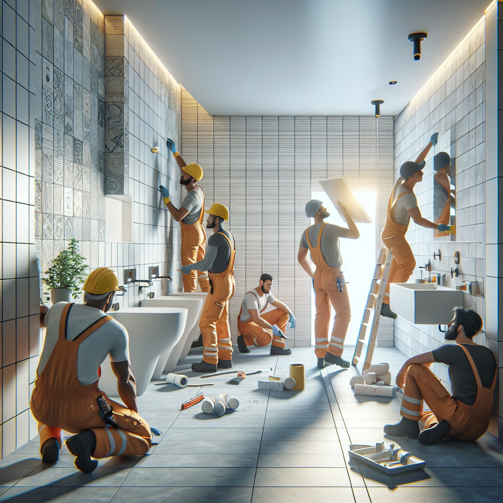 A modern bathroom renovation process with workers installing tiles and fixtures