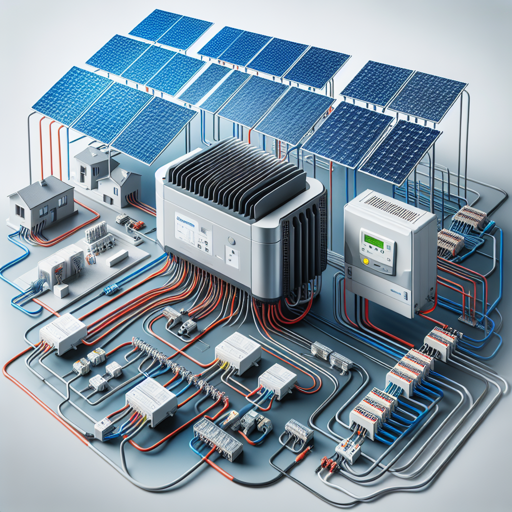 A detailed illustration of a solar inverter connected to solar panels and a home electrical system