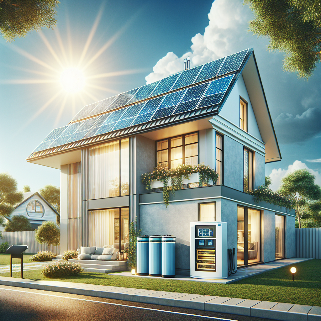 A modern home with solar panels and a battery storage system on the roof under a sunny sky