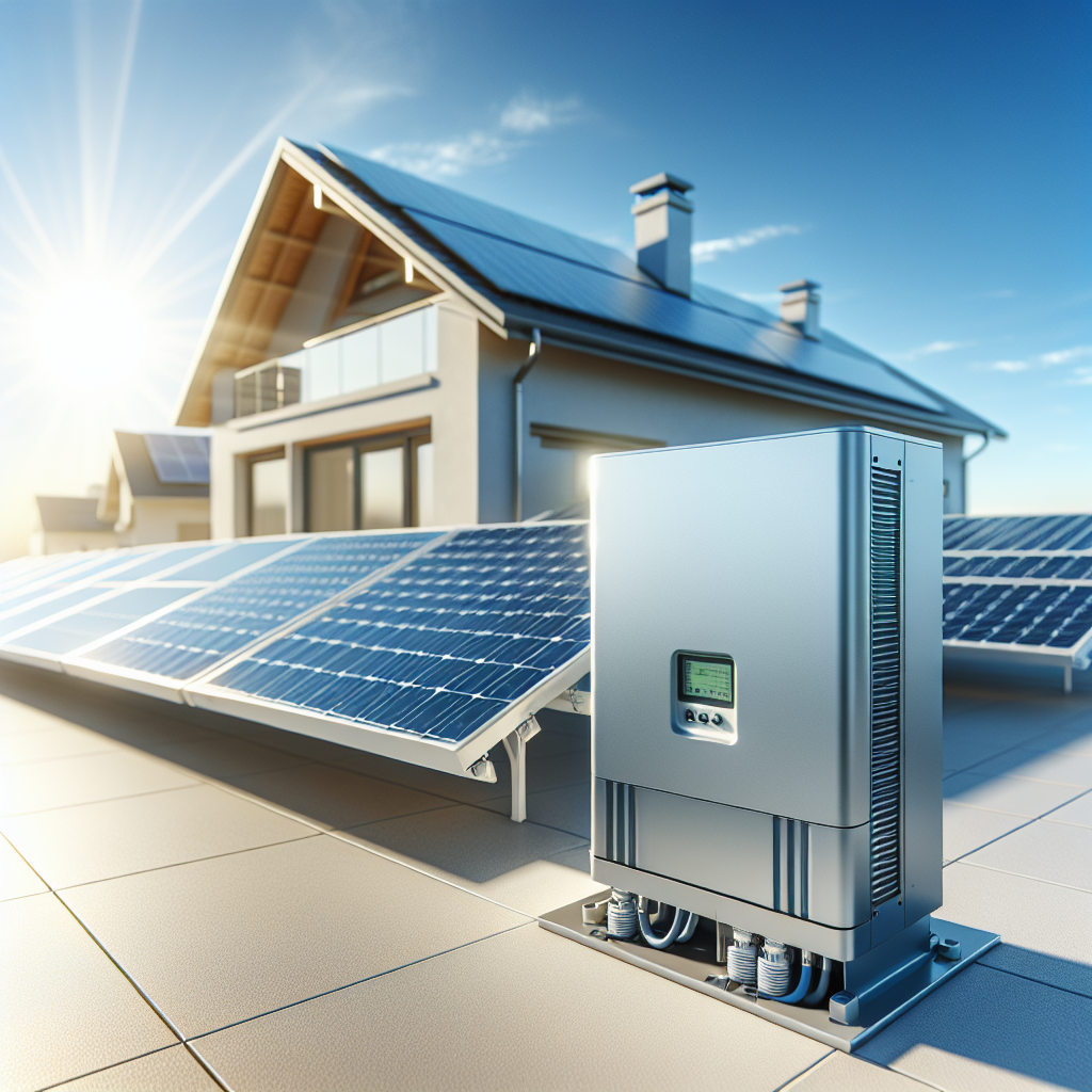 A modern solar inverter installed in a residential photovoltaic system with solar panels on the roof