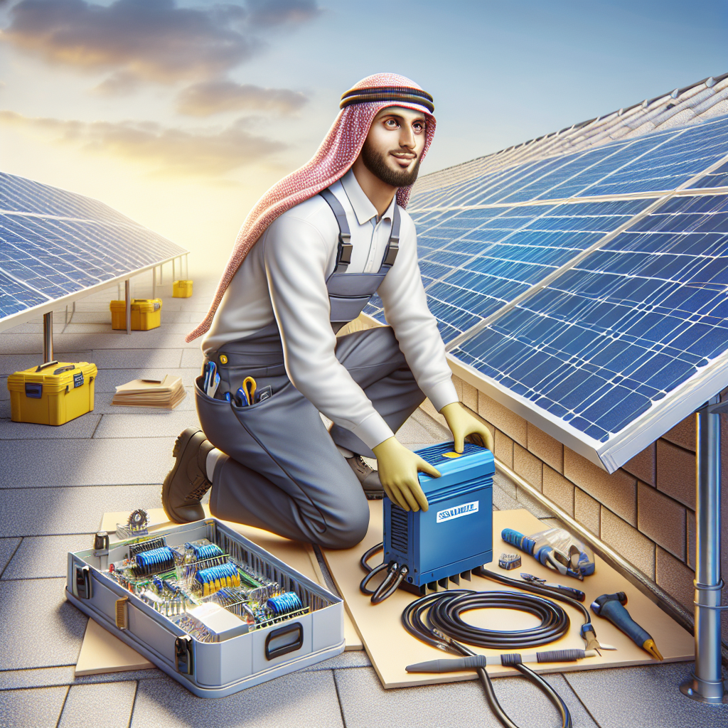 A professional technician installing a solar inverter on a rooftop with solar panels