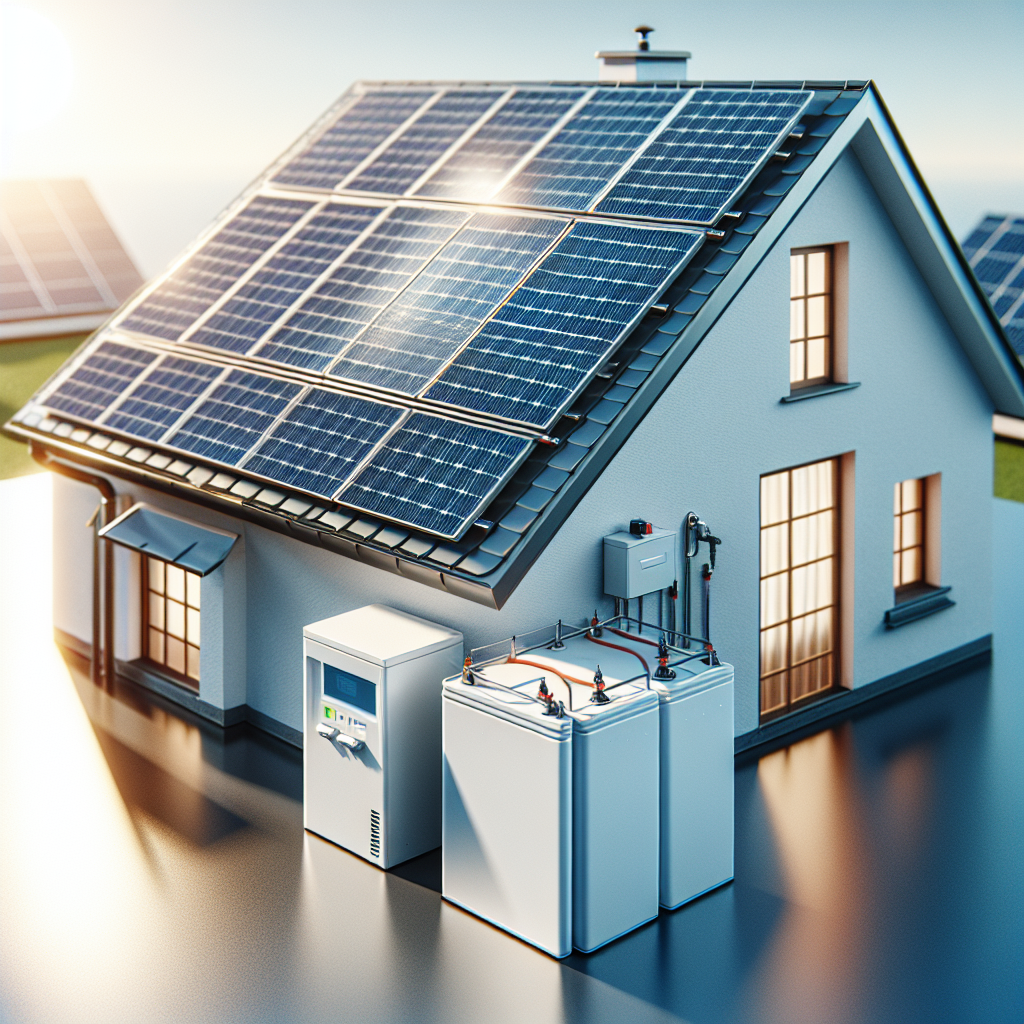A modern solar power system installed on a residential roof with a battery storage unit and sunny weather