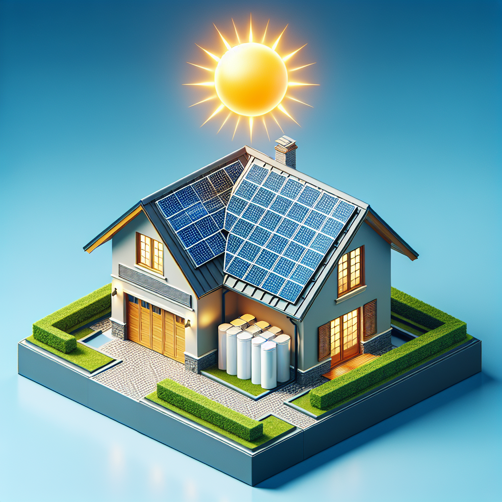 A modern solar energy storage system installed at a home with solar panels on the roof and a clear blue sky