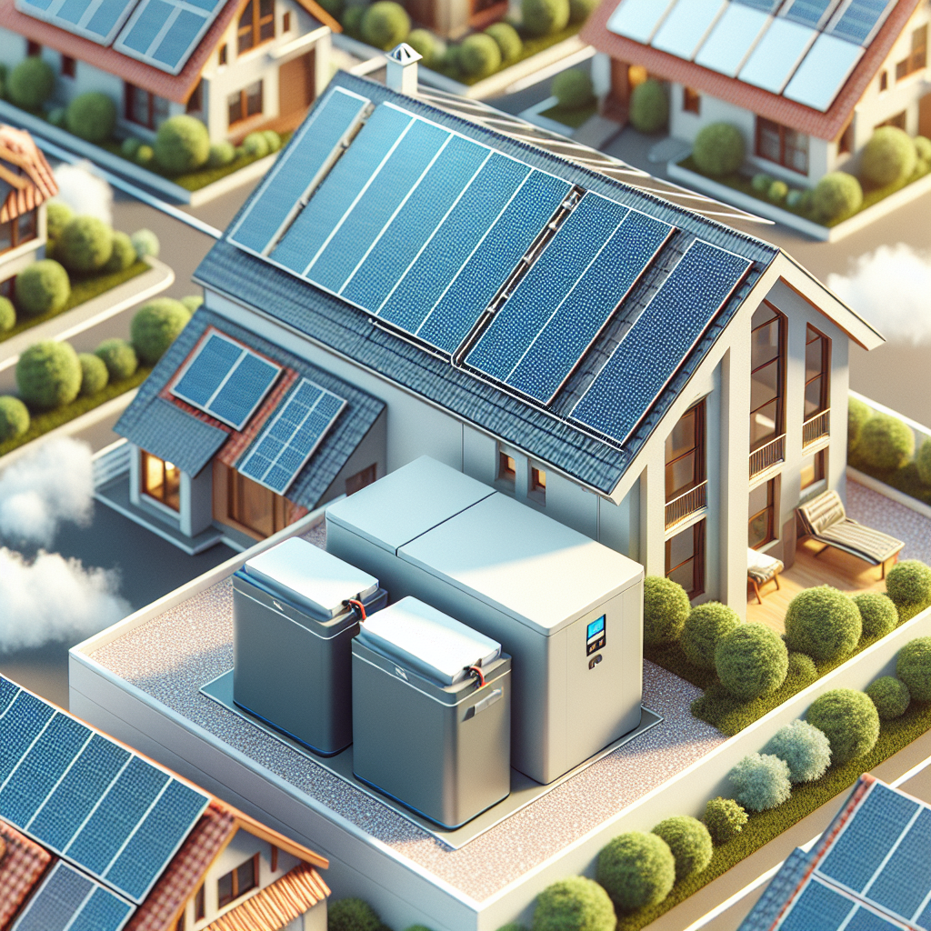 A modern solar panel installation on a residential roof with a battery storage unit beside it