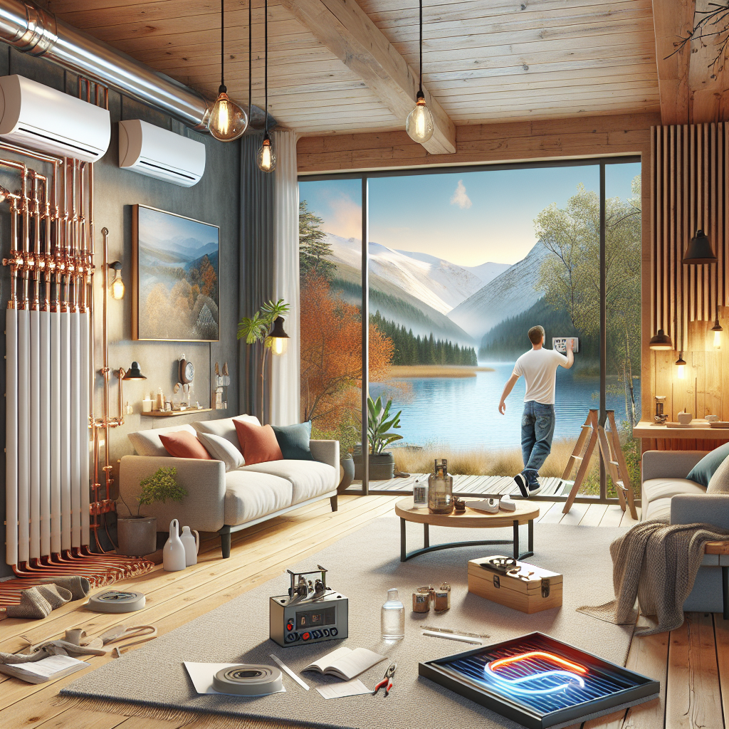 A modern heating system installation in a cozy home environment, showcasing various heating options like gas and solar systems