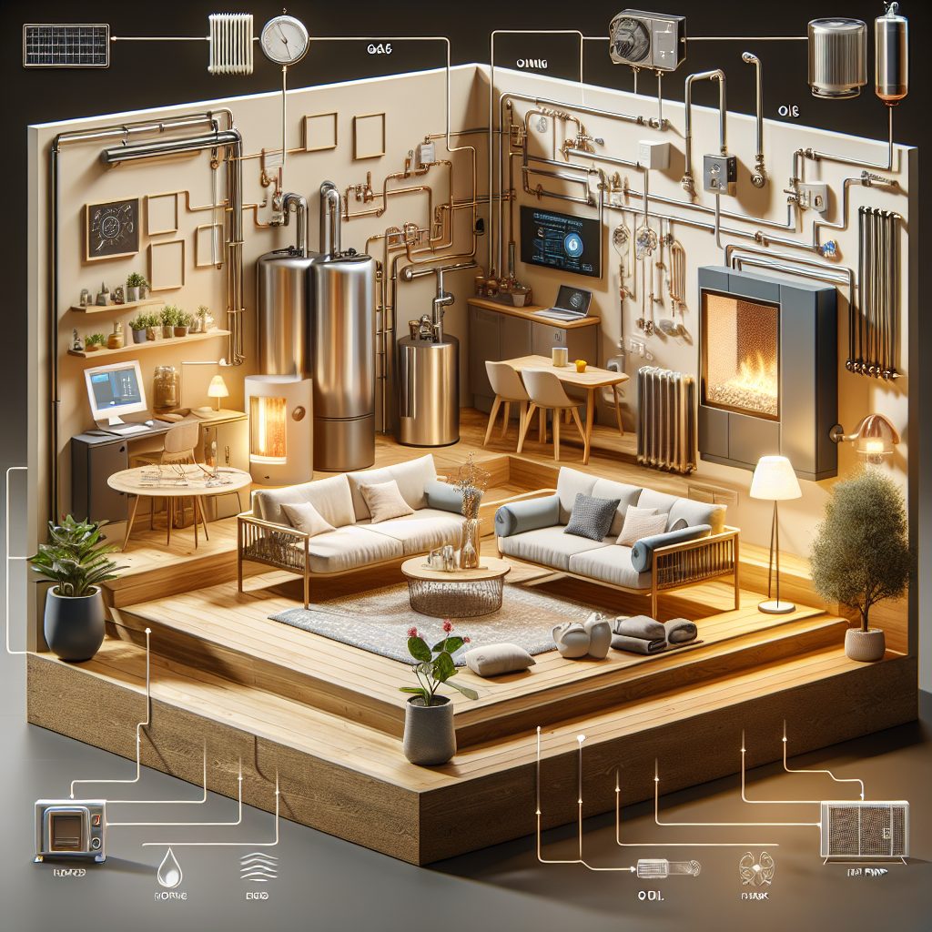 A modern heating system installation in a home setting, showcasing various types of heating systems like gas, oil, and heat pumps