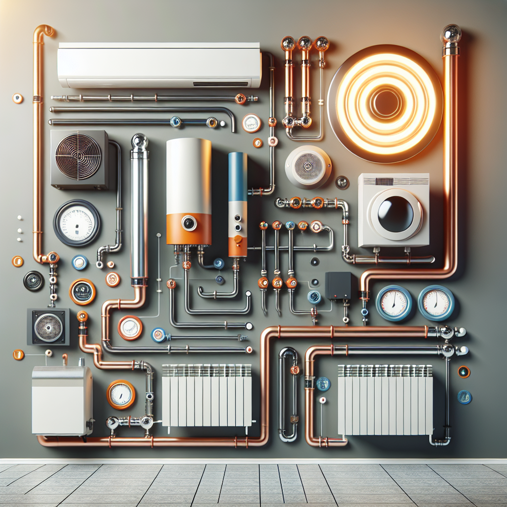 A modern heating system installation with various types of heating units displayed