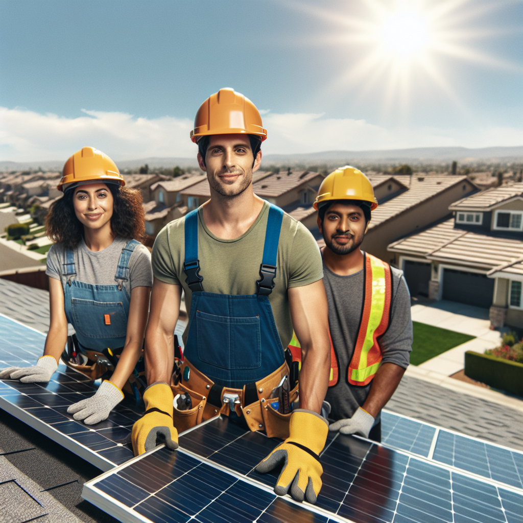 A local solar panel installation team working on a rooftop in a sunny neighborhood