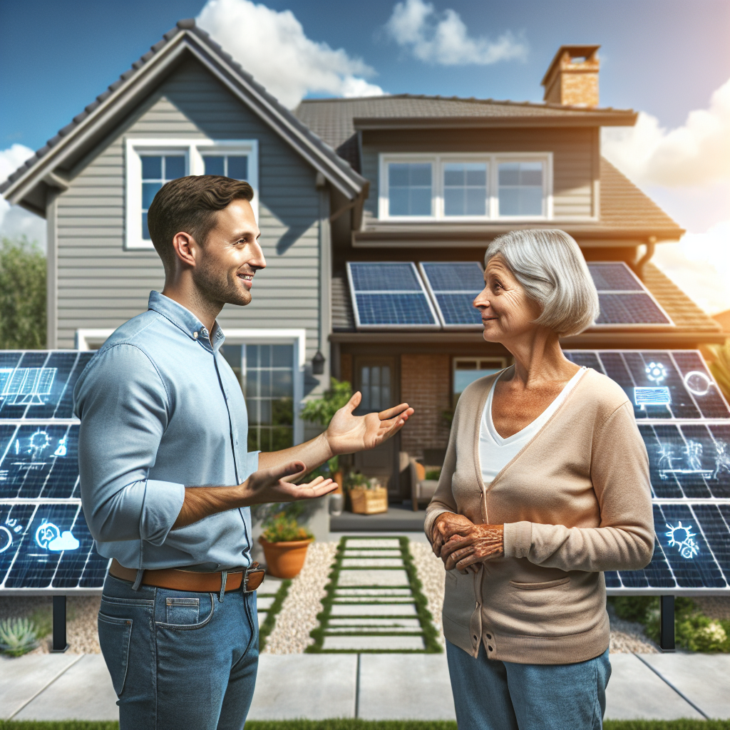 A friendly local solar expert discussing photovoltaic systems with a homeowner in front of a house with solar panels